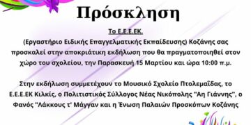 Το ΕΕΕΕΚ (Εργαστήριο Ειδικής Επαγγελματικής Εκπαίδευσης) Κοζάνης σας προσκαλεί στην αποκριάτικη εκδήλωση στον χώρο του σχολείου, την Παρασκευή 15/3