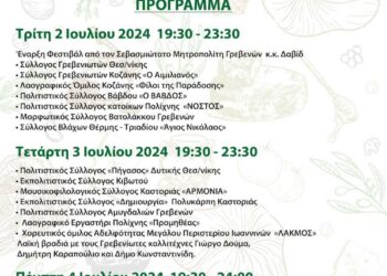 5ο Φεστιβάλ Παραδοσιακών Τοπικών Προϊόντων «Γρεβενών Γεύσεις» και «Λευκή Νύχτα» από τον Εμπορικό Σύλλογο Γρεβενών από την Τρίτη 2 Ιουλίου έως και την Πέμπτη 4 Ιουλίου 2024