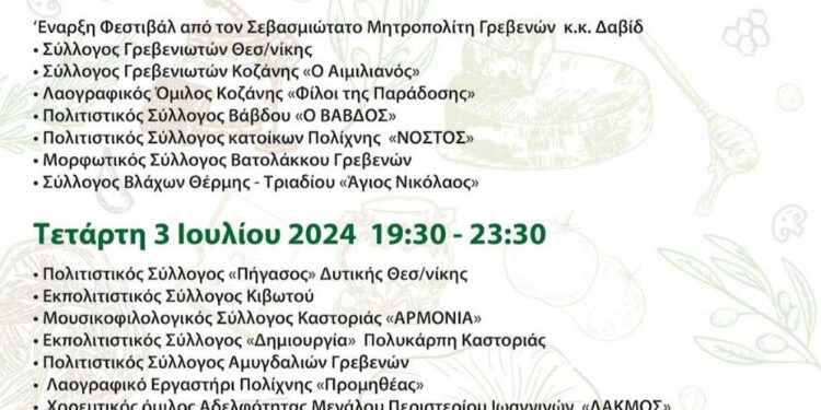 5ο Φεστιβάλ Παραδοσιακών Τοπικών Προϊόντων «Γρεβενών Γεύσεις» και «Λευκή Νύχτα» από τον Εμπορικό Σύλλογο Γρεβενών από την Τρίτη 2 Ιουλίου έως και την Πέμπτη 4 Ιουλίου 2024