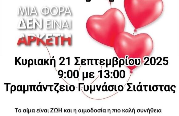 Αιμοδοτικός Σύλλογος Σιάτιστας: Εθελοντική Αιμοδοσία την Κυριακή 21 Σεπτεμβρίου 2025