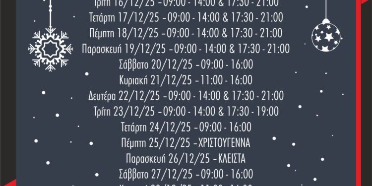 Εορταστικό Ωράριο Καταστημάτων Σιάτιστας