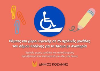 Ράμπες και χώροι υγιεινής σε 25 σχολικές μονάδες του Δήμου Κοζάνης για τα Άτομα με Αναπηρία