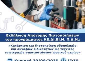 Εκδήλωση απονομής πιστοποιητικών για το πρόγραμμα κατάρτισης και πιστοποίησης τεχνιτών φυσικού αερίου